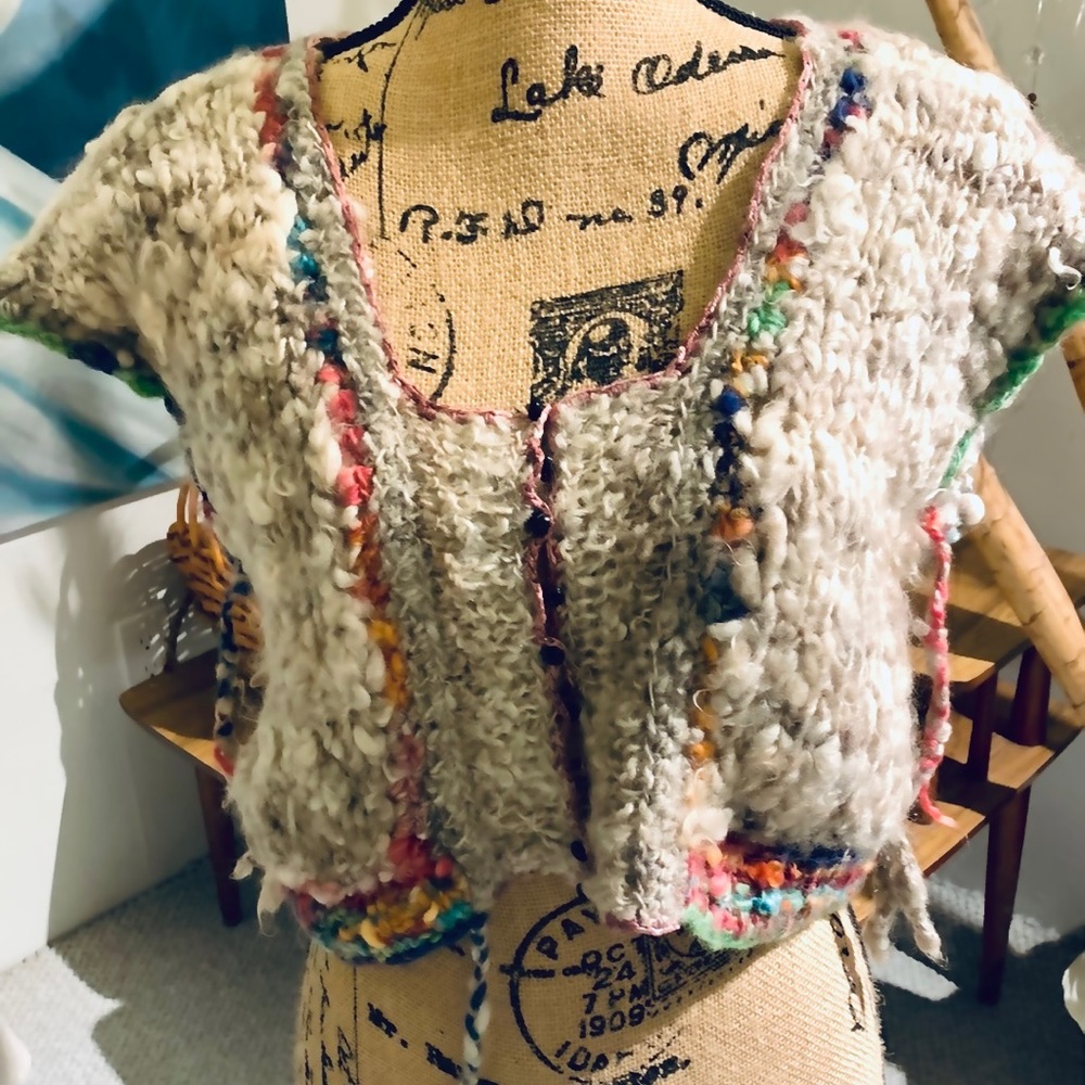 Handmade artsy gypsy boheme hippy boiled wool knit crochet crop sweater M